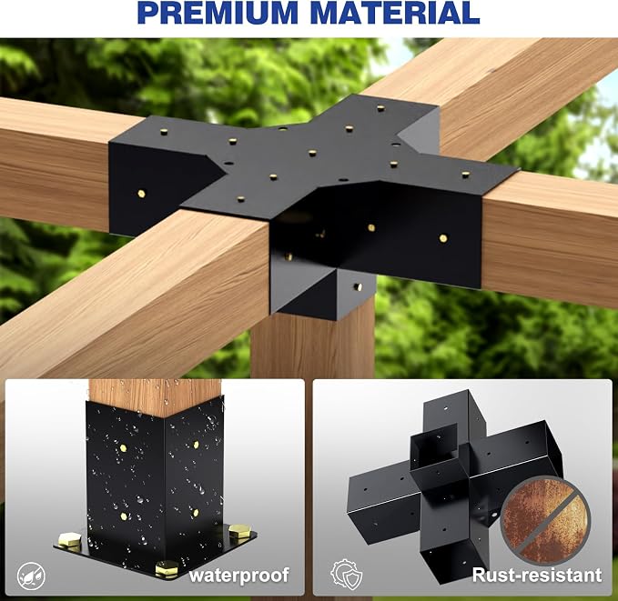 Pergola Kit - 5-Way Right Angle Corner Bracket Woodworks DIY Post Base Kit for Gazebos, Patio, Log Cabin Outdoor Hardware - Wooden Beams for 4x4 Lumber