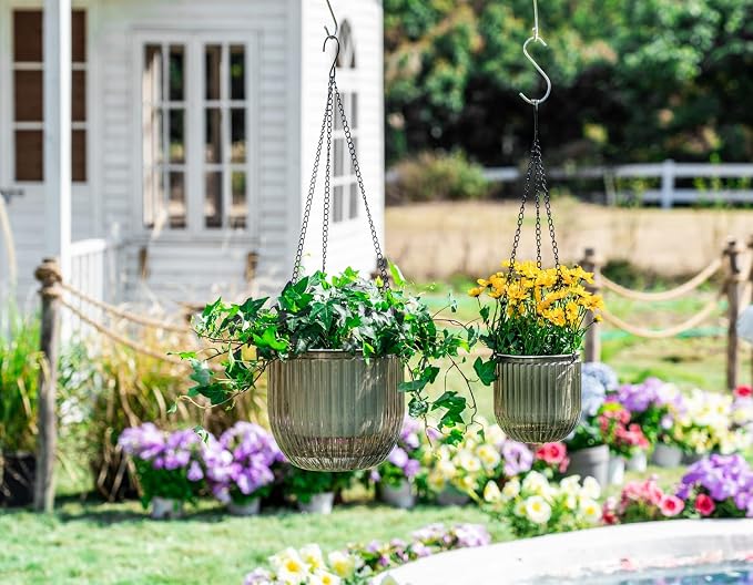 Melphoe 2 Pack Self Watering Hanging Planters Indoor Flower Pots, 5.3/8.3 Inch Outdoor Hanging Basket, Plant Hanger with 3Hooks Drainage Holes for Garden Home (Gray)