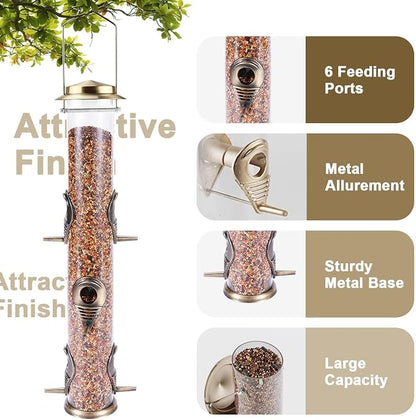 MIXXIDEA 1PK Metal Bird Feeders with 6 Feeding Ports,Tube Bird Feeder with Steel Hanger,Hard Plastic Wild Bird Feeder for Outdoors Hanging, Attracting Birds in Your Lawn, Garden, Balcony–Bronze