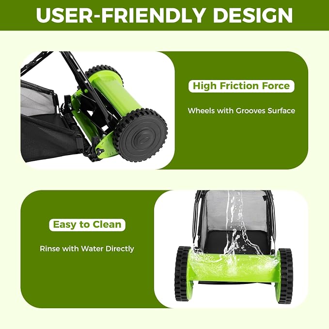 12" Push Reel Lawn Mower, 0.67-1.3 in Adjustable Cutting Height | 6-Gallon Collection Bag, 5 Blade Manual Lawn Mower, Walk-Behind Lawn Mowers for Yard, Garden