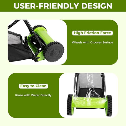 12" Push Reel Lawn Mower, 0.67-1.3 in Adjustable Cutting Height | 6-Gallon Collection Bag, 5 Blade Manual Lawn Mower, Walk-Behind Lawn Mowers for Yard, Garden