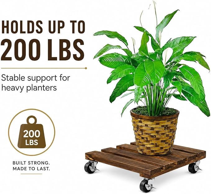 4 Pack Wooden Plant Stand With Wheels, 12" Rolling Planter Base Plant Stand, With Metal Lockable Caster Wheels, For Indoor Outdoor Plant Pots