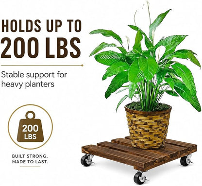4 Pack Wooden Plant Stand With Wheels, 12" Rolling Planter Base Plant Stand, With Metal Lockable Caster Wheels, For Indoor Outdoor Plant Pots