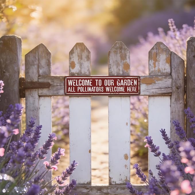 Garden Metal Tin Sign, Rustic Farmhouse Decor, Welcome to Our Garden Sign, Gardening Wall Art, for Yard Fence Door Porch, Indoor Outdoor Gardens Decoration, 15.7 x 3.9 Inches