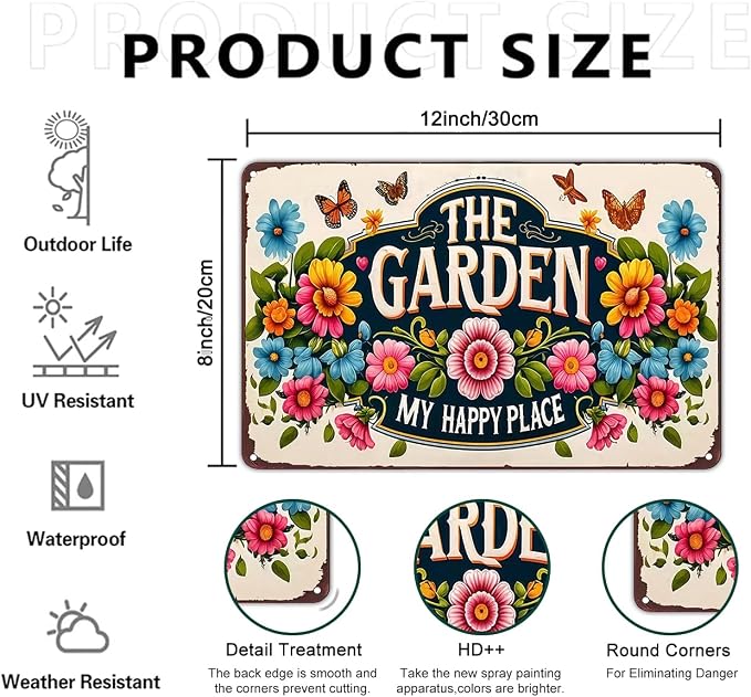 Smilelife Plants Gifts The Garden My Happy Place Vintage Tin Sign for Garden Patio Porch Yard She Shed Decor 8x12 Inch (3902)