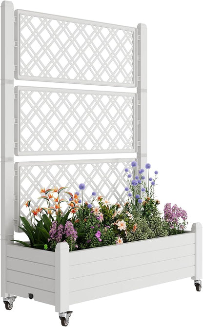 Resin Raised Garden Bed with Trellis and Wheels - Plasitc Planter Box with Trellis Outdoor with Drainage Holes & Water Monitor for Climbing Plants, Flower, Ashen(61.2" H)