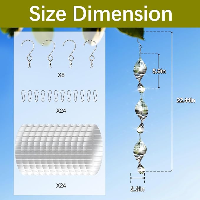 24 PCS Stainless Steel Bird deterrents for Outside,3D Wind Spinners Outdoor Bird Scarer Discs Set Pigeon Deterrent,Bird reflectors to Keep Birds Away Woodpecker Deterrent for House,Crow Deterrent