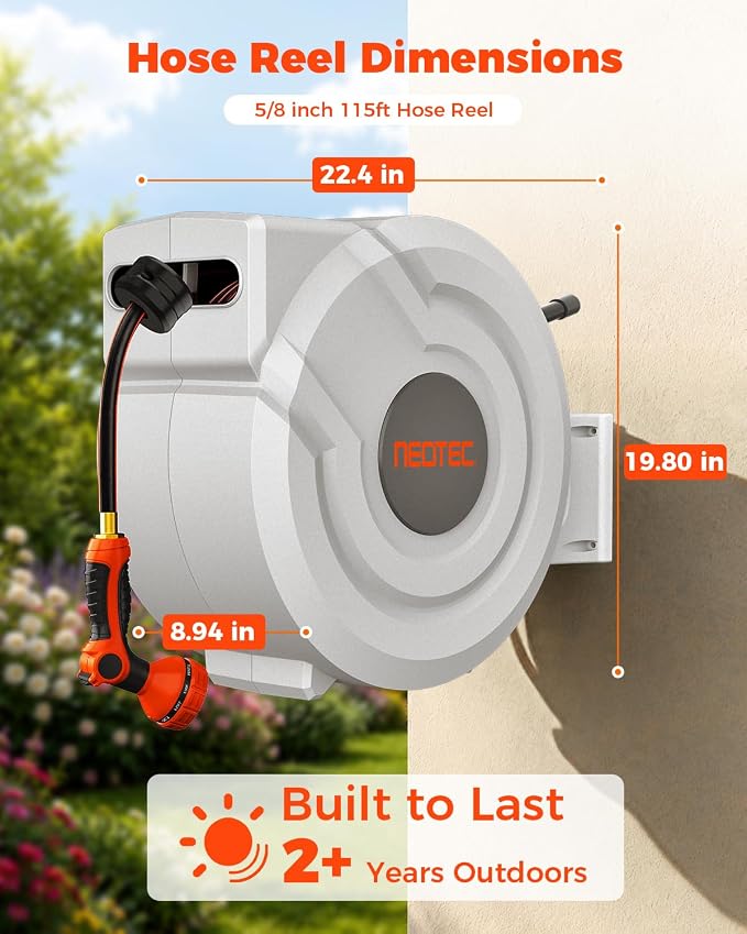 5/8 in 115ft Retractable Garden Hose Reel with Auto Rewind Any Length Lock Heavy Duty Hose Reel,9-Pattern Nozzle,180°Swivel,UV Resistant Wall Mount Water Hose Reel for Outdoor Garden Car Pet Patio