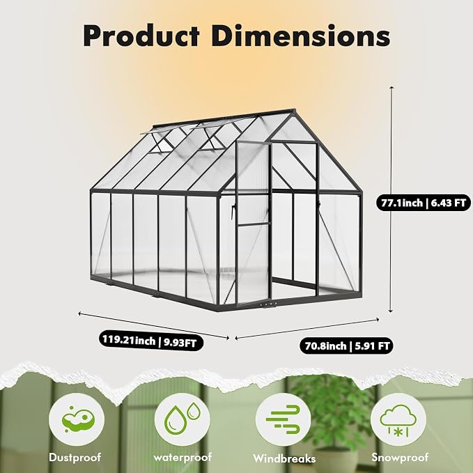 6X10FT Enhanced Aluminum Small Greenhouse for Outdoors with Thermometers | Easy Assembly, UV-Resistant Panels, Built-in Reinforcement, Lockable Sliding Door, Roof Vent, For Vegetable, Flower and Herb