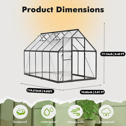 6X10FT Enhanced Aluminum Small Greenhouse for Outdoors with Thermometers | Easy Assembly, UV-Resistant Panels, Built-in Reinforcement, Lockable Sliding Door, Roof Vent, For Vegetable, Flower and Herb