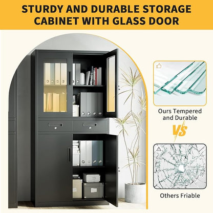 71" Black Metal Storage Cabinet with Glass Doors, Garage Storage with 2 Drawers + 2 Adjustable Shelves, Heavy Duty Tool Cabinet with Locking Doors for School, Workshop, Office, Black