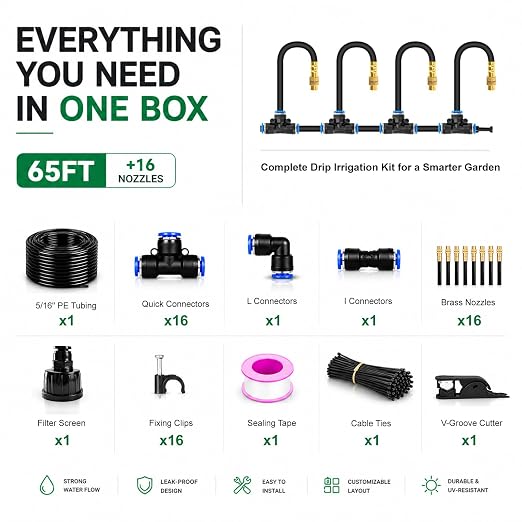 5/16" Drip Irrigation System 65 ft with 16-Pcs 360° Adjustable Copper Nozzles, Automatic Misting Watering System for Garden, Raised Beds, Greenhouse (65ft+16 nozzles)