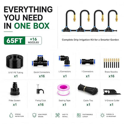 5/16" Drip Irrigation System 65 ft with 16-Pcs 360° Adjustable Copper Nozzles, Automatic Misting Watering System for Garden, Raised Beds, Greenhouse (65ft+16 nozzles)