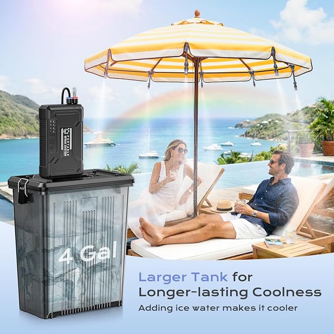 Portable 4 Gallon Misting System with 15000mAh Rechargeable Pump, 33FT Hose – Powerful Outdoor Water Bucket Misters for Outside Patio Cooling, Backyard, Canopy, Camping, Umbrella, Sports, Greenhouse