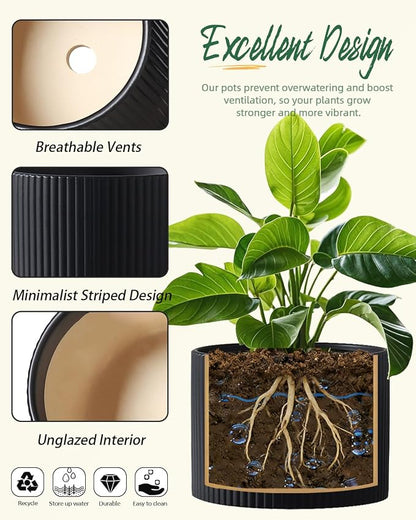 Matte Black Ceramic Plant Pots, 8.1 + 6 Inch Planters for Indoor Plants, Modern Flower Pots with Drainage, Two-Sizes Set