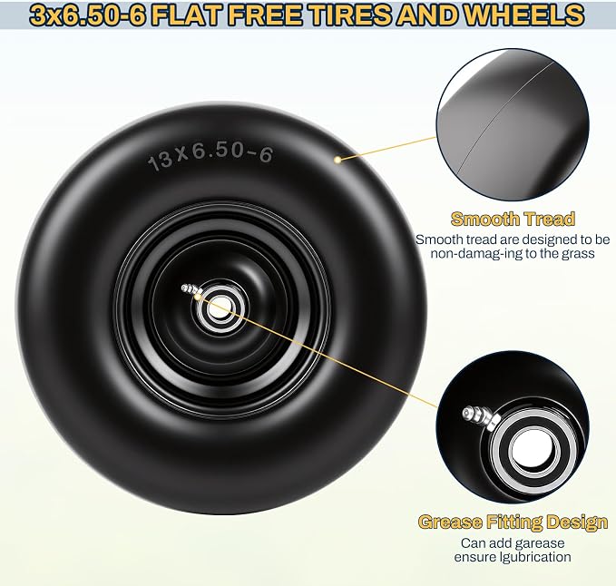 2 PCS 13×6.50-6 Flat Free Lawn Mower Tires and Wheel, Solid Smooth Tread Tire, 13x6.50-6 Zero Turn Mower Front Tires for Commercial Garden Lawn, with 3/4" & 5/8" Bearings, 4"- 8.2" Centered Hub