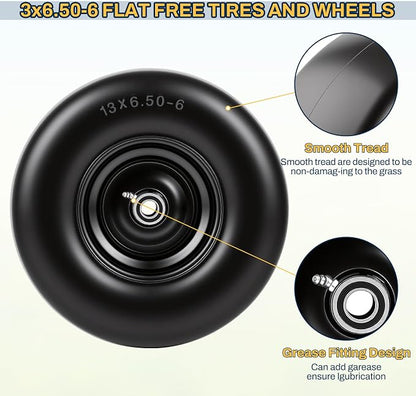 2 PCS 13×6.50-6 Flat Free Lawn Mower Tires and Wheel, Solid Smooth Tread Tire, 13x6.50-6 Zero Turn Mower Front Tires for Commercial Garden Lawn, with 3/4" & 5/8" Bearings, 4"- 8.2" Centered Hub