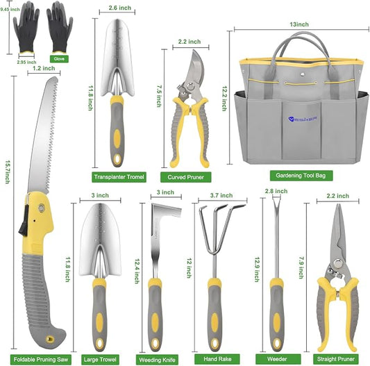Yesker Gardening Tools 10-Piece Heavy Duty Garden Tool Set Gardening Supplies Gifts for Women Men Gardening Hand Tool Kit w Non-Slip Ergonomic Handle, Garden Bag, Durable Gloves, Pruning Shears, Gray