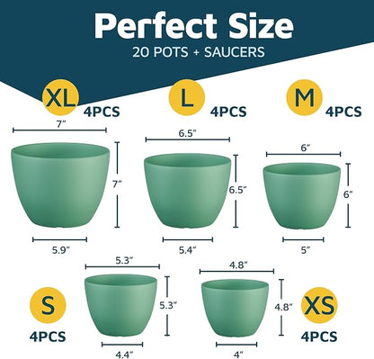 Planter Pots with Drainage Holes - Lightweight, Durable, & Space-Saving Pots for Indoor and Outdoor - Versatile Functionality, Simple Modern Design, Set of 20 Plastic Planter Pots Mint
