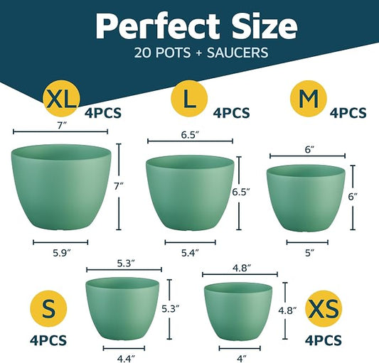 Planter Pots with Drainage Holes - Lightweight, Durable, & Space-Saving Pots for Indoor and Outdoor - Versatile Functionality, Simple Modern Design, Set of 20 Plastic Planter Pots Mint
