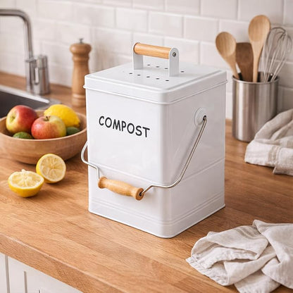 Tlence 1.7 Gallon Kitchen Compost Bin, Countertop Food Waste Pail with Handles, Odorless Composting Bucket with Carbon Filters, Indoor Small Food Scrap Composter for Trash Waste, White