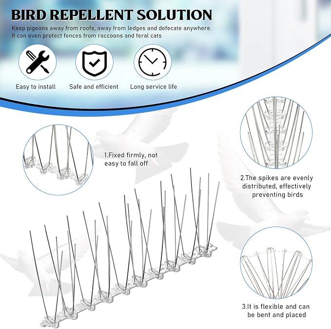 Patelai 2 Pieces Bird Spikes 9.84 Inch Stainless Steel Deterrent Spikes for Outside Anti Pigeons Fence Kit for Keeping Birds Crows Woodpeckers Away from Roof Windowsill Easy to Install and Remove