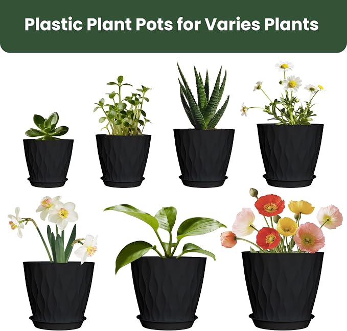 Plant Pots, Plastic Flower Pots for Indoor & Outdoor Plants, Planters with Drainage Holes and Saucer, Garden Pot for Plants (Black 7/6.5/6/5.5/5/4.5/4 inch)