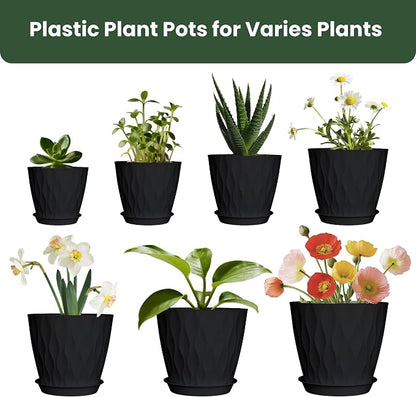 Plant Pots, Plastic Flower Pots for Indoor & Outdoor Plants, Planters with Drainage Holes and Saucer, Garden Pot for Plants (Black 7/6.5/6/5.5/5/4.5/4 inch)