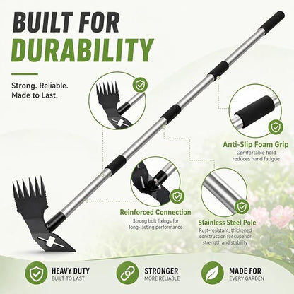 Weed Puller Tool with Long Handle, 60'' Adjustable Long Manual Weeder Remover Tool，2 in 1 Weed Rake and Gardening Weeder Tools for Yard, Lawn, Patio, Garden