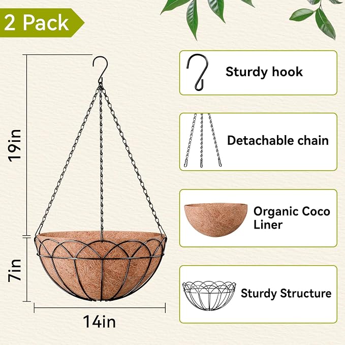 Halatool 2 Pack 14 Inch Hanging Baskets with Coco Liners, Rustproof Metal Flower Planters with Chain Hooks, No Tool Needed Heavy Duty Hanging Pots for Outdoor Patio Balcony Decor
