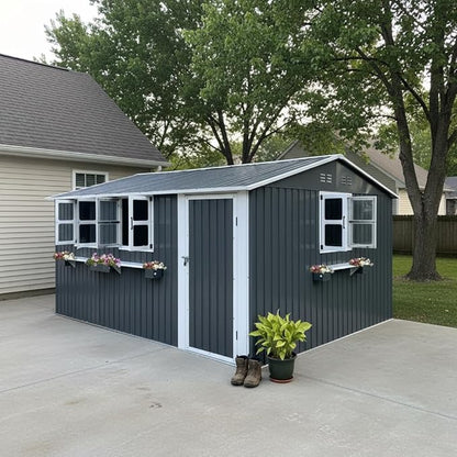 12x10 FT Outdoor Storage Shed,Tool Shed with 3 Openable Windows,Metal Building Backyard Shed w/Windowsill & Decorative Flower Rack,Lockable Single Door,Heavy Duty Waterproof,for Patio,Coal Gray