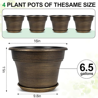 16 inch Plant Pots Outdoor Planters，4 Pack Large Plastic Flower Pot For Indoor Plants With Drainage Holes & Saucer, Resin Decorative Container Sets With Trays For House Outdoor Garden Plant Dark Gold