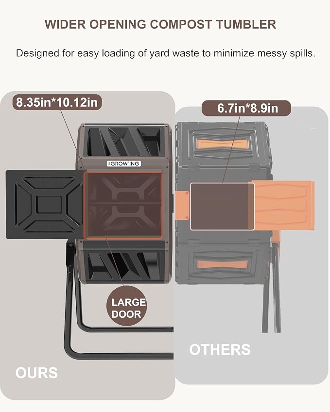 THE Growing 53 Gallon Large Outdoor Compost Bin Tumbler Barrel, Brown | Dual 26.5gal landscape-blending chambers for bulk waste. Reinforced frame adds stability. Easy bolt outdoor yard assembly.