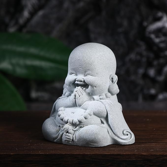 Prayer Buddha Statue for Home, Little Buddha Feng Shui Decor for Zen Garden, Sandstone Small Laughing Buddha Statue for Good Luck Decorations, Zen Decor for Home Outdoor Garden Office (Prayer Buddha)