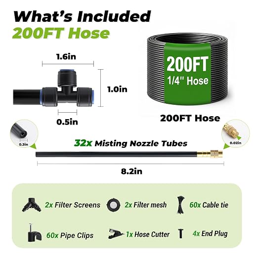 200FT 1/4" Drip Irrigation System Kit with 32pcs 360° Adjustable Copper Nozzles, Quick-Connect Watering & Misting System for Garden, Greenhouse, Lawn, Raised Beds, Potted Plants & Yard