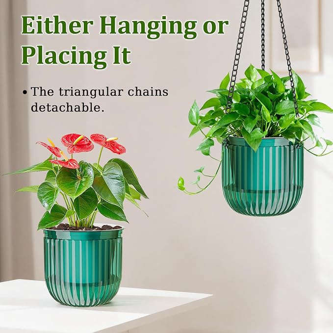Halatool 2 Pack Self-Watering Hanging Planters for Indoor Plants, 6.5" & 8.3" Outdoor Flower Pots with Drainage Holes, Visible Water Level Indicator for Wall, Garden, Home Decor (Peacock Green)