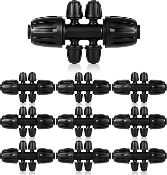 1/2 Inch to 1/4 Inch Tubing Irrigation Fittings for (1/2'' ID x 0.60''-0.63'' OD) 16mm Drip Tubing,Locked Barbed Tee Connectors (10 Pcs Barbed Tee 6-Way)