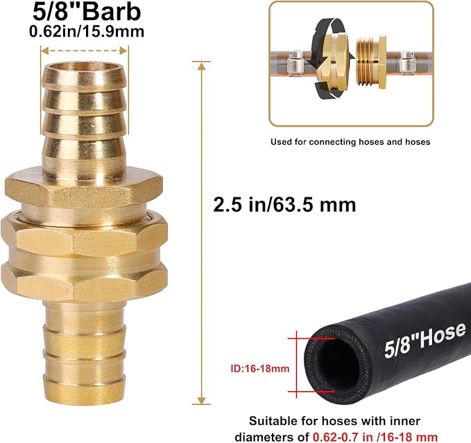 SIGURANTA Garden Hose Repair Connector with Clamps Hose End Repair Kit,5/8" Barb Garden Hose Fittings Male and Female brass garden hose ends (5/8"Barb-2 Set)
