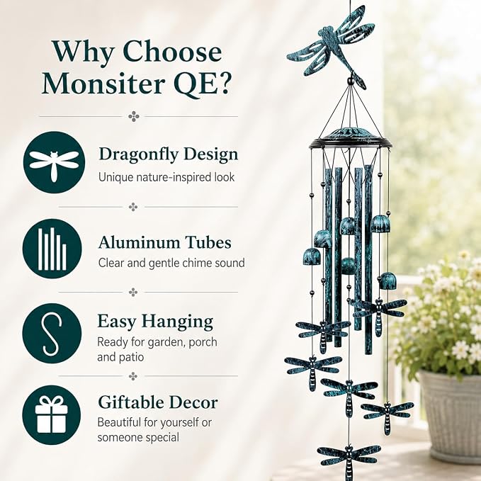 Dragonfly Wind Chimes for Outdoors, 35.4-Inch Aluminum Outdoor Wind Chimes - Dragonfly S Hook, Wind Bells Hanging Decorate for Patio, Porch, Yard, Balcony, Decorative Gift for Women, Mom