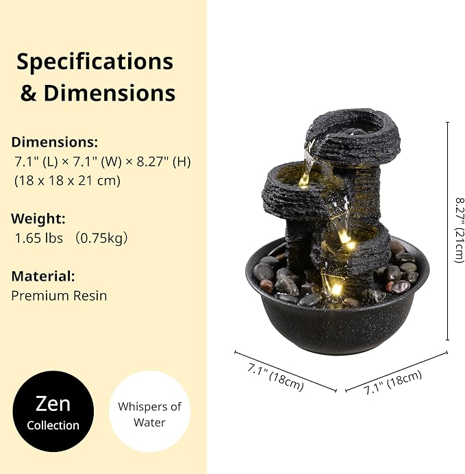 Rock Style Tabletop Fountain with LED Light – Indoor Waterfall Feature for Home or Office Décor, Relaxing Zen Desktop Water Fountain