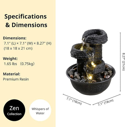 Rock Style Tabletop Fountain with LED Light – Indoor Waterfall Feature for Home or Office Décor, Relaxing Zen Desktop Water Fountain