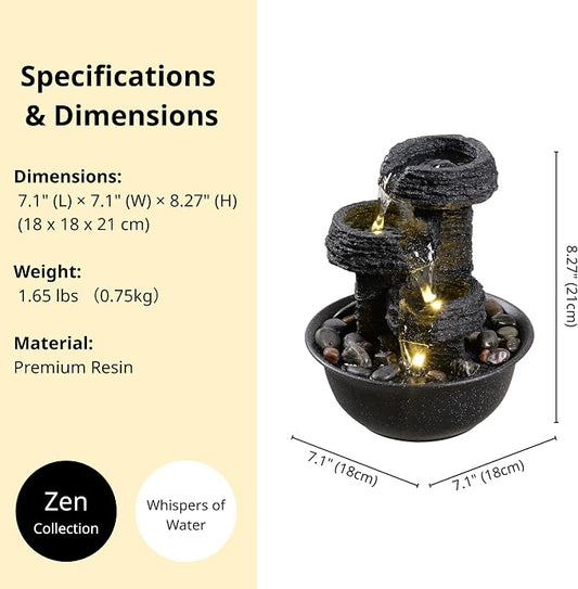 Rock Style Tabletop Fountain with LED Light – Indoor Waterfall Feature for Home or Office Décor, Relaxing Zen Desktop Water Fountain