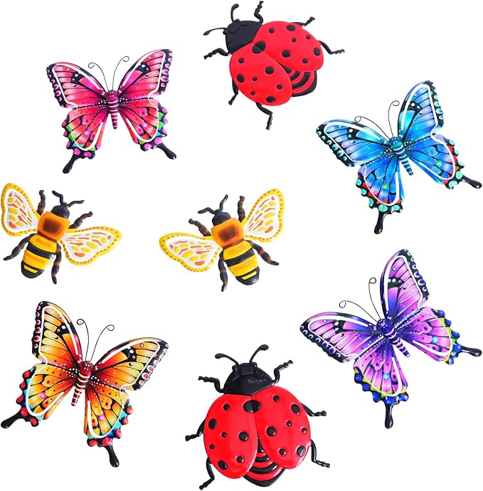 DEWEL 8 Pcs Metal Garden Decor for Outside, 3D Butterfly Ladybug Bee Outdoor Wall Art Decor, Colorful Hanging Decorations for Spring Garden Fence Patio Yard, Great Gift Choice