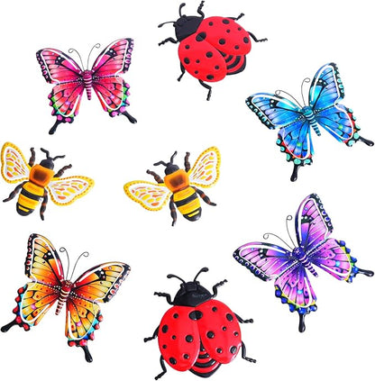 DEWEL 8 Pcs Metal Garden Decor for Outside, 3D Butterfly Ladybug Bee Outdoor Wall Art Decor, Colorful Hanging Decorations for Spring Garden Fence Patio Yard, Great Gift Choice