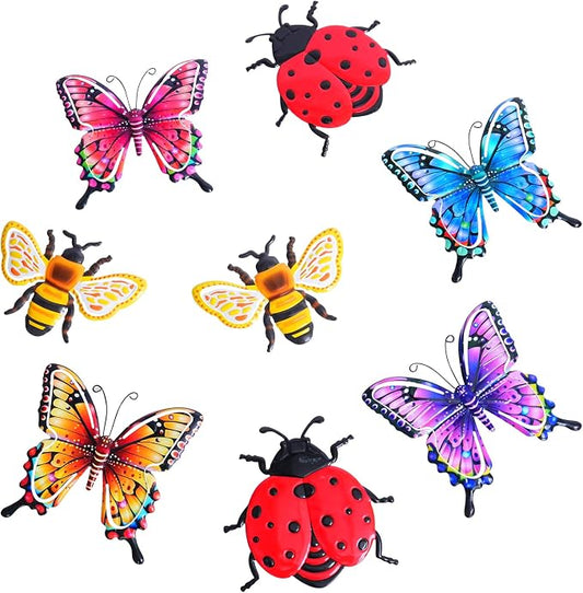 DEWEL 8 Pcs Metal Garden Decor for Outside, 3D Butterfly Ladybug Bee Outdoor Wall Art Decor, Colorful Hanging Decorations for Spring Garden Fence Patio Yard, Great Gift Choice