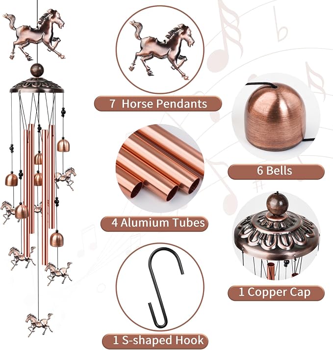 35" Horse Wind Chimes Outdoor Horse Gifts for Women/Men/Mom/Grandma Birthday Gifts Memorial Gift Metal WindChimes for Outside/Indoors, Home, Lawn, Porch, Patio, Garden Decor, Yard Decorations