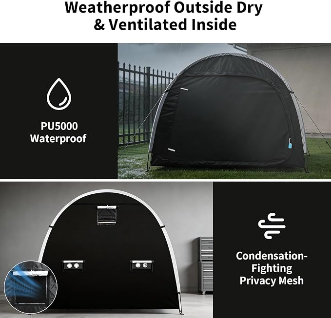 Anti-Theft Bike Storage Tent with Lockable Zipper & Security Eyelets, Upgraded PU5000 Waterproof Outdoor Storage Shed for 2 Bikes, Bicycle Motorcycle Garden Tools Shelter (80x32x68 Inches)