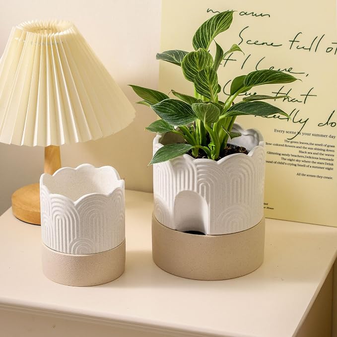 Nihow Ceramic Self Watering Pots for Indoor Plants, 4.5+6 Inch,Beige Set 2 | Visible Water Level Fill Port,Planter with Cotton Wick,Water Storage Plus, Cylinder Round Flower Pot, Succulent/Herbs/Violets