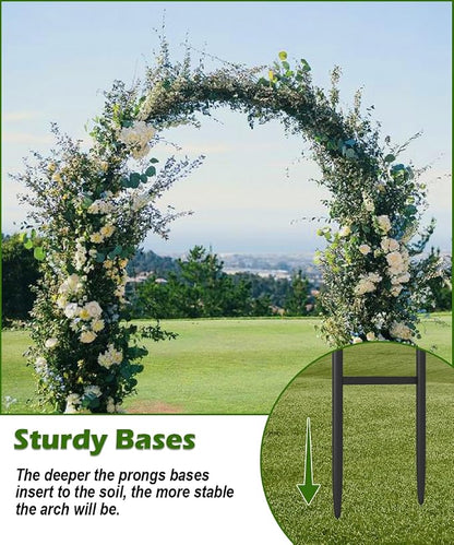Queension Metal Wedding Arch for Ceremony Party Decoration 7Ft Wide 7.7Ft High,Garden Arch Trellis with Ground Bases for Climbing Plants,Outdoor Garden Arbor for Roses Vines, Round Frame, Black