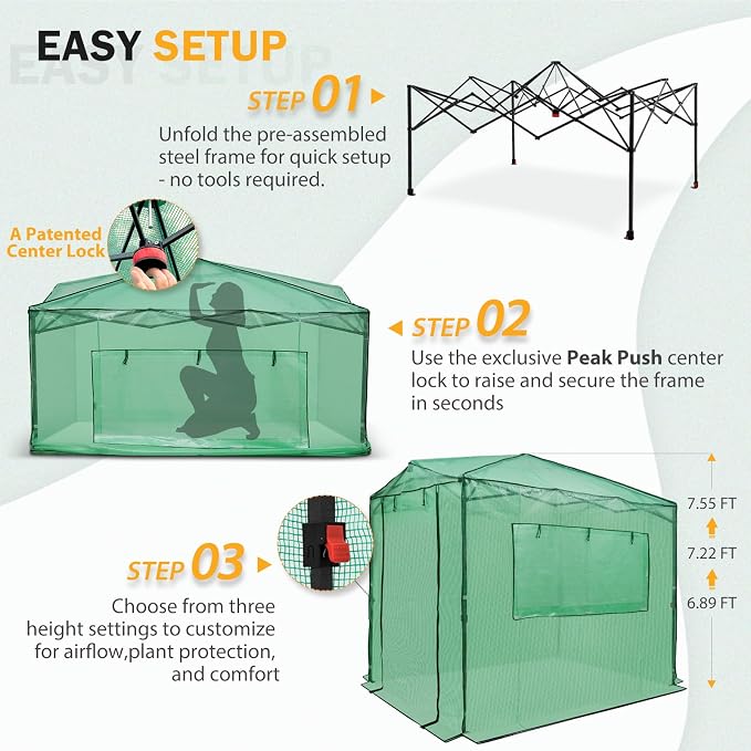 EAGLE PEAK 8x6 Portable Walk in Greenhouse, Pop Up Indoor Outdoor Greenhouse, Green House Kit with Zippered Roll-Up Doors and Windows, PE Cover, Clear/Green